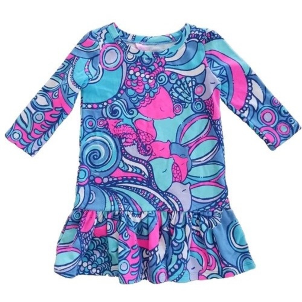 Lilly Pulitzer Kids Girls XS 2-3 Blue Pink Swirl Print Ruffle‎ Drop Waist Dress